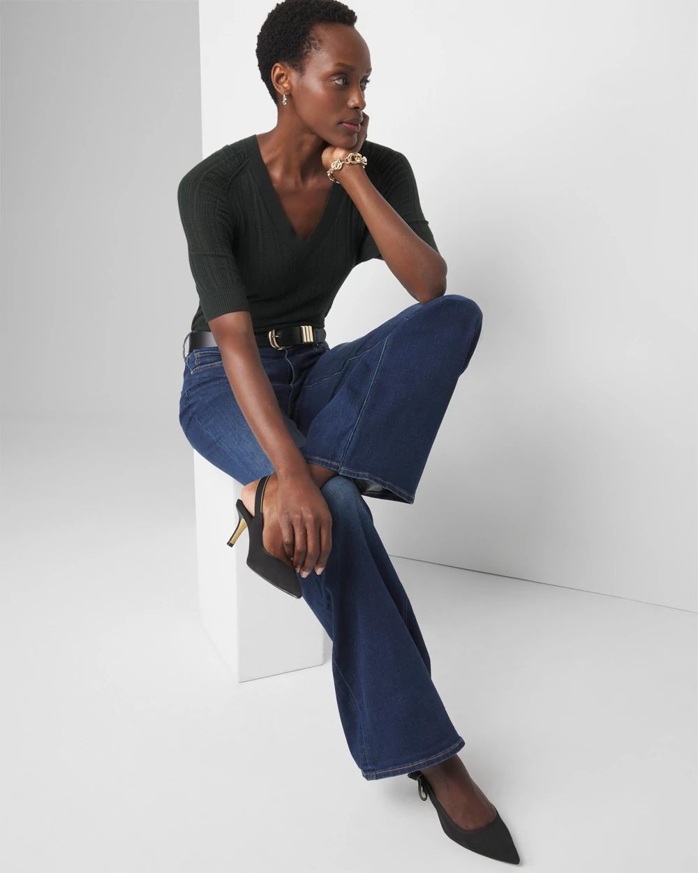 Cashmere-Blend Elbow-Sleeve Shirred Sweater