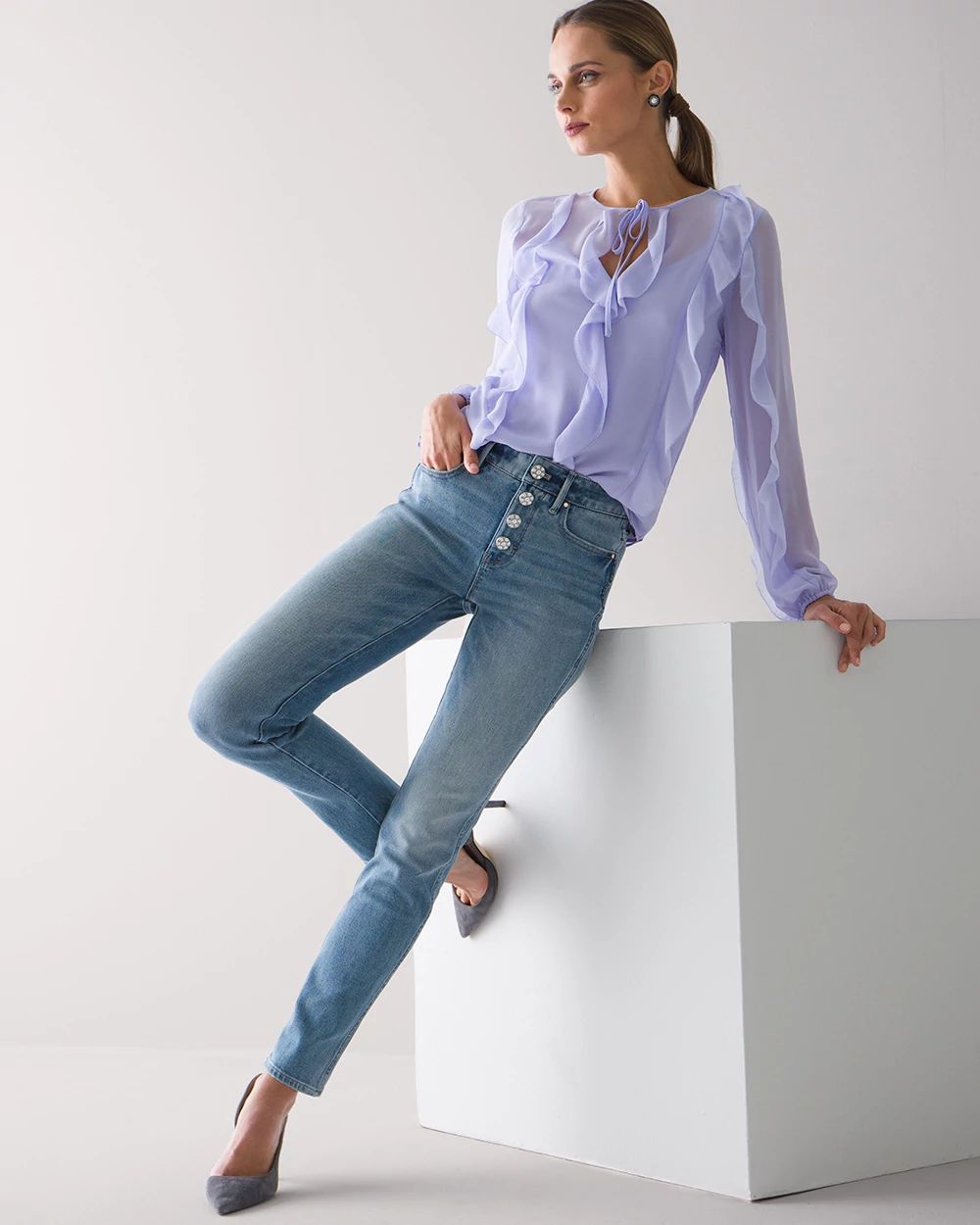 Petite High Rise Sculpt Jewel Button Straight Ankle Jeans White House Black Market