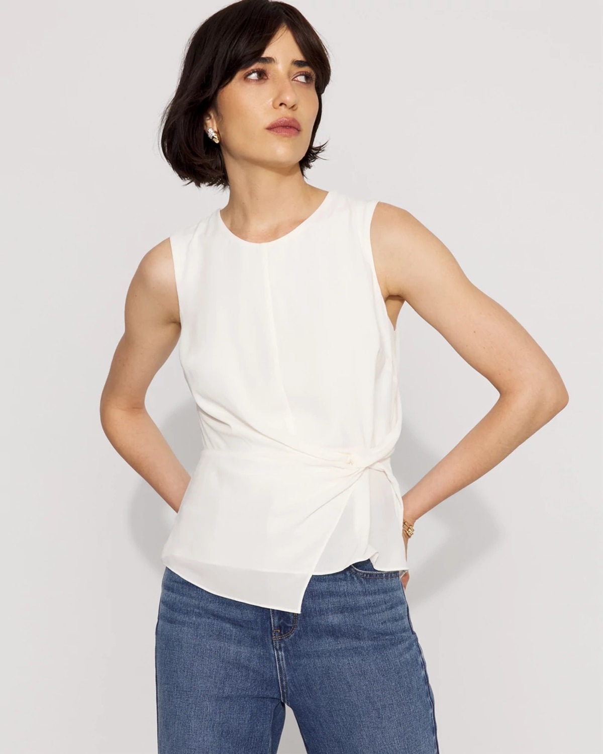 White House Black Market Draped Waist Shell In White