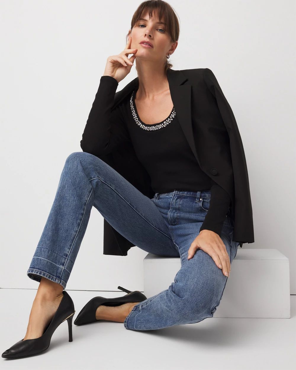 Faux Pearl Scoop Neck Rib-Knit Tee click to view larger image.