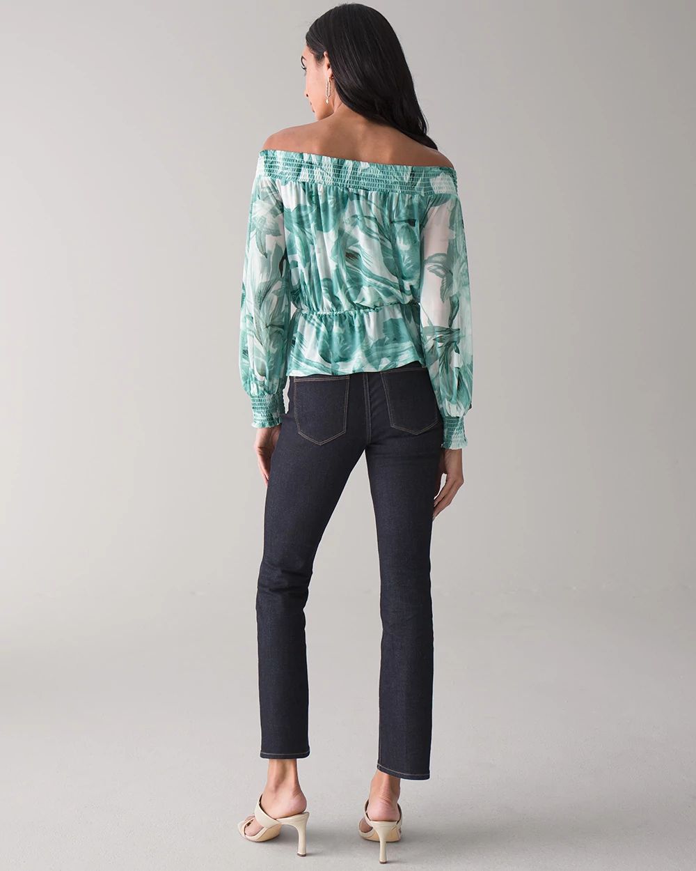 Floral-Print Off-The-Shoulder Mesh Top