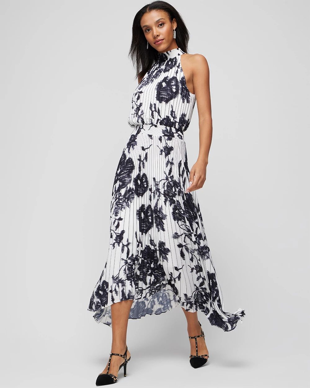 Sleeveless Halter Pleated Midi Dress