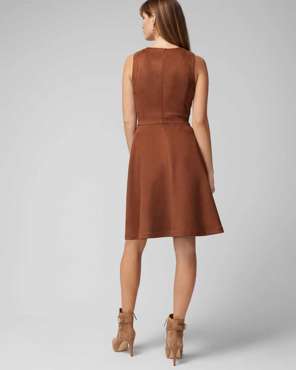 Petite Sleeveless Crest Detail Suede Fit-N-Flare Dress click to view larger image.