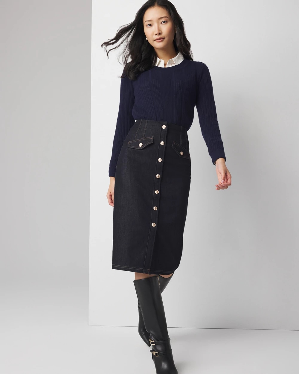 Button Front Denim Midi Skirt