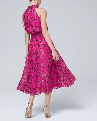 Floral Burnout Smocked-Neck Midi Dress