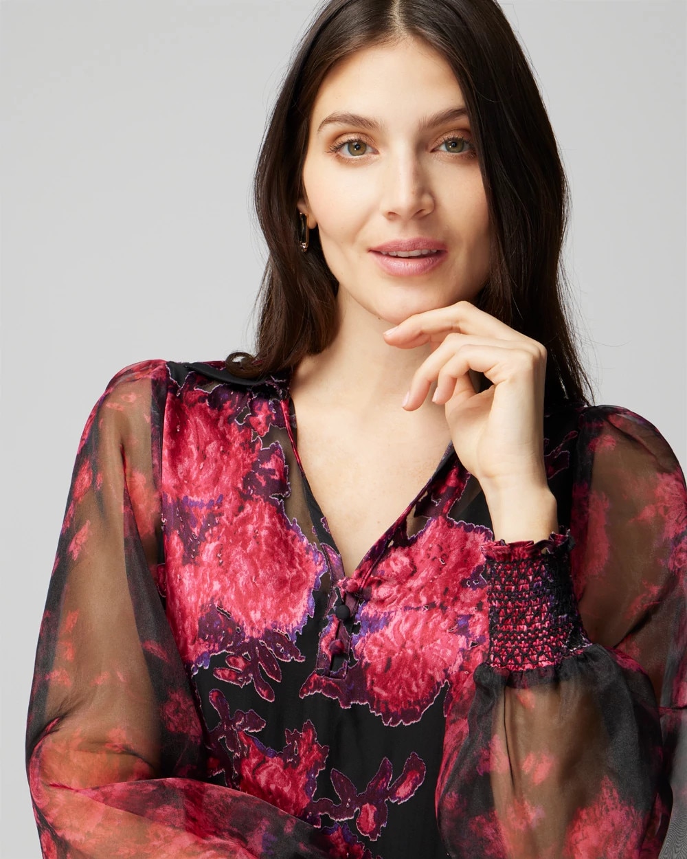 Organza Sleeve Silk Burnout Blouse