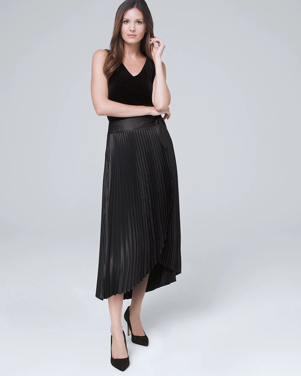 Metallic Pleated Wrap Midi Skirt