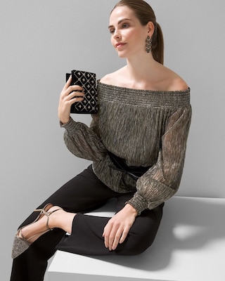 Long Sleeve Off-the-Shoulder Shimmer Top