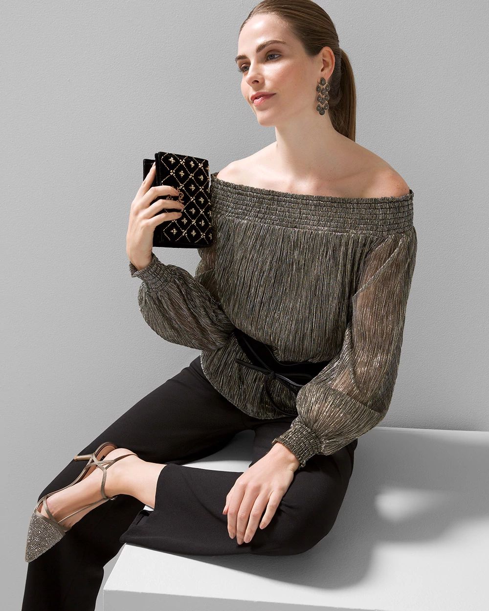 Long Sleeve Off-the-Shoulder Shimmer Top