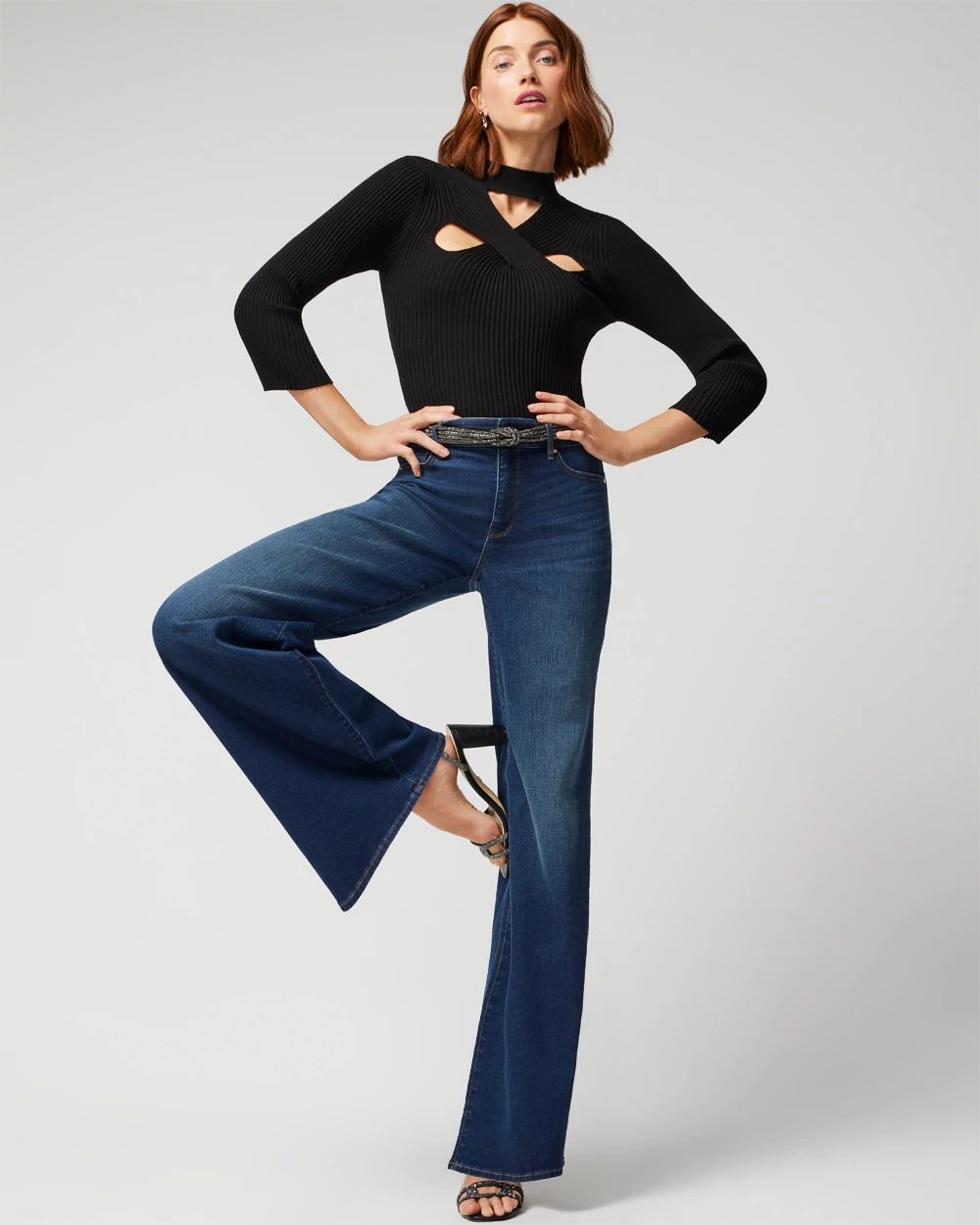 Petite 3/4 Sleeve Cutout Mockneck Pullover