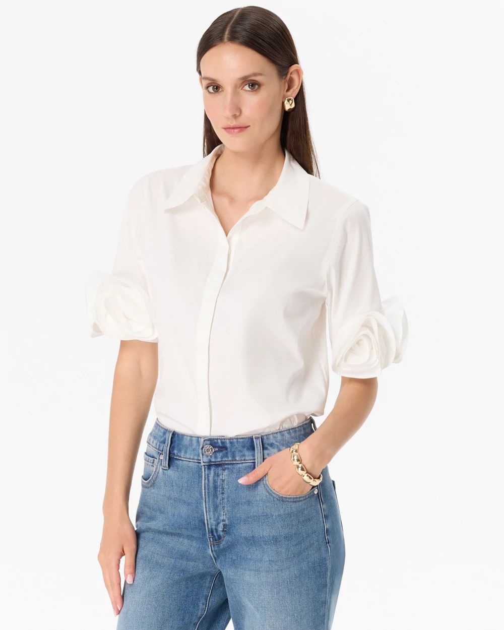 Rosette Sleeve Poplin Shirt