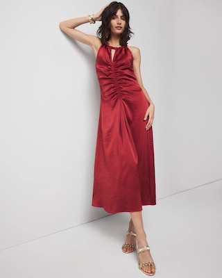Petite Satin Halter Ruched Midi Dress click to view larger image.