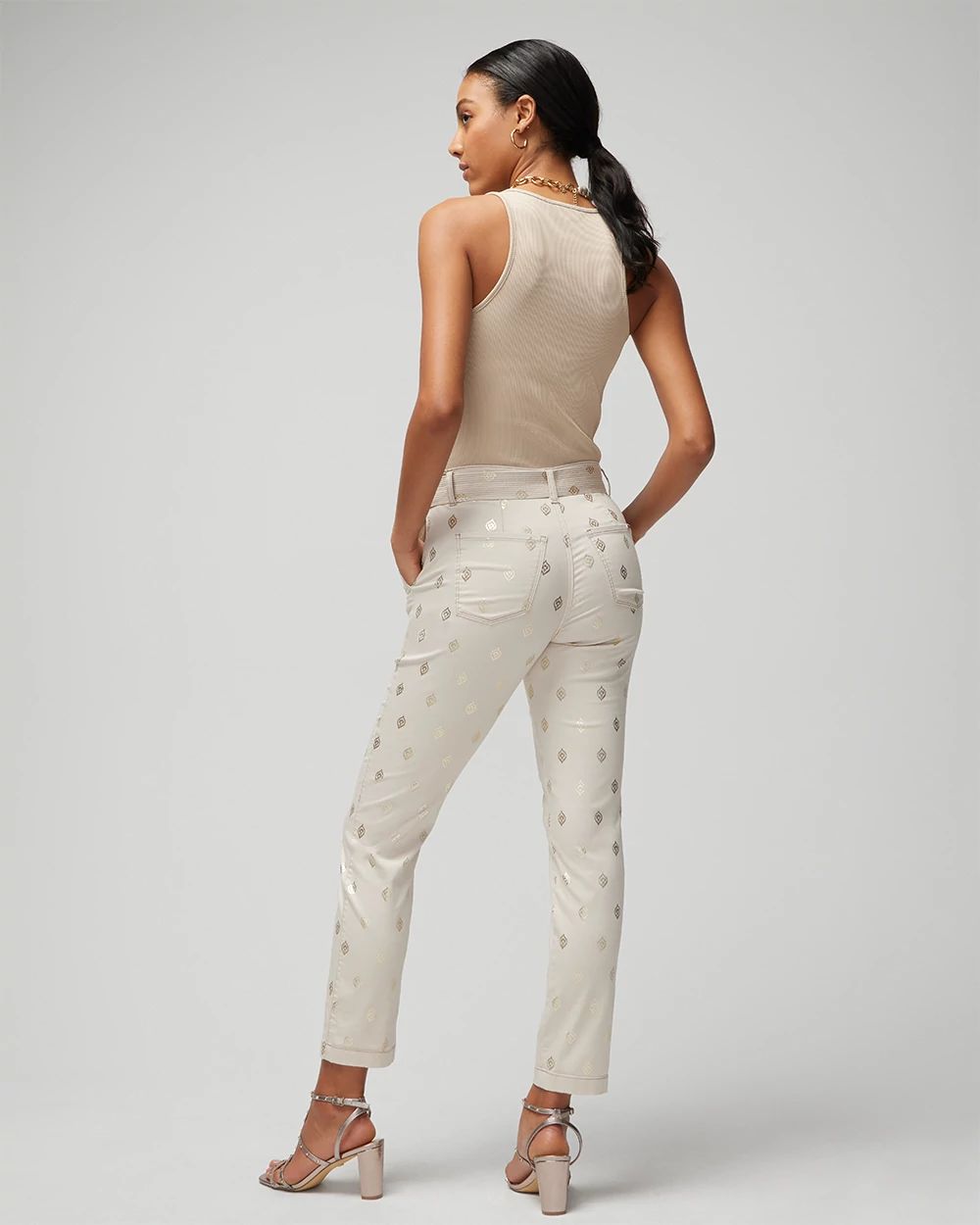 High Rise Foil Print Belted Pret Crop Jeans