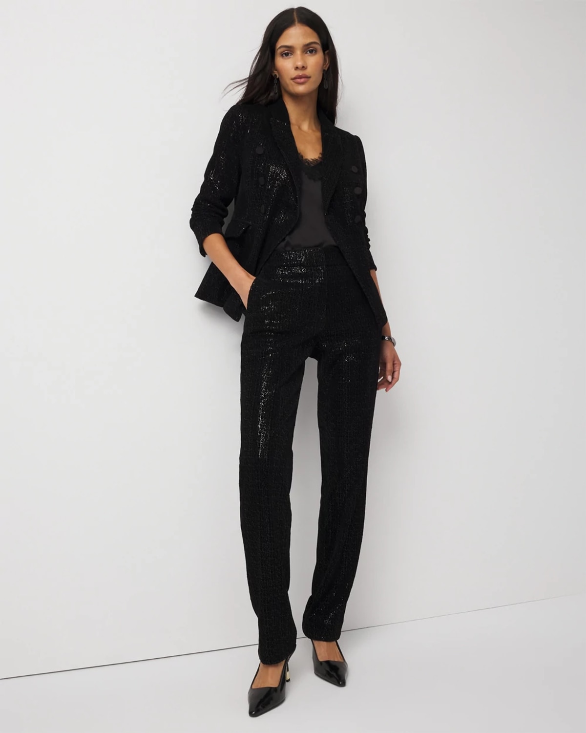 White House Black Market Petite Sequin Velvet Double Breasted Blazer In Black