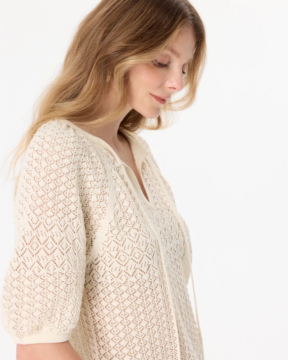 Pointelle Knit Puff Sleeve Pullover