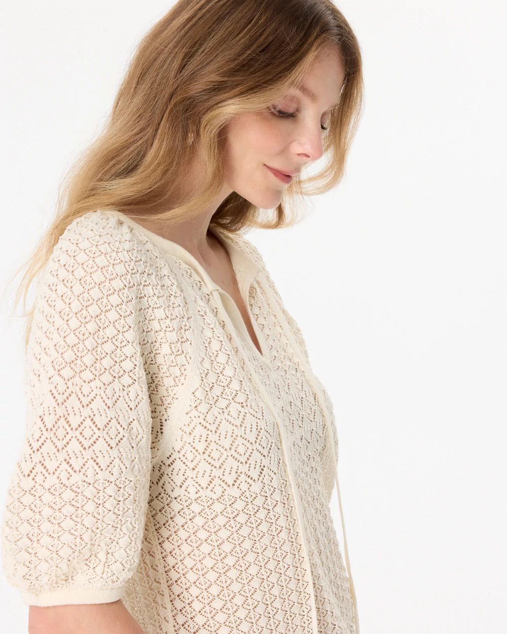 Pointelle Knit Puff Sleeve Pullover click to view larger image.