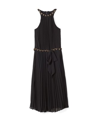 Sleeveless Pleated Halter Dress with Chain Detail