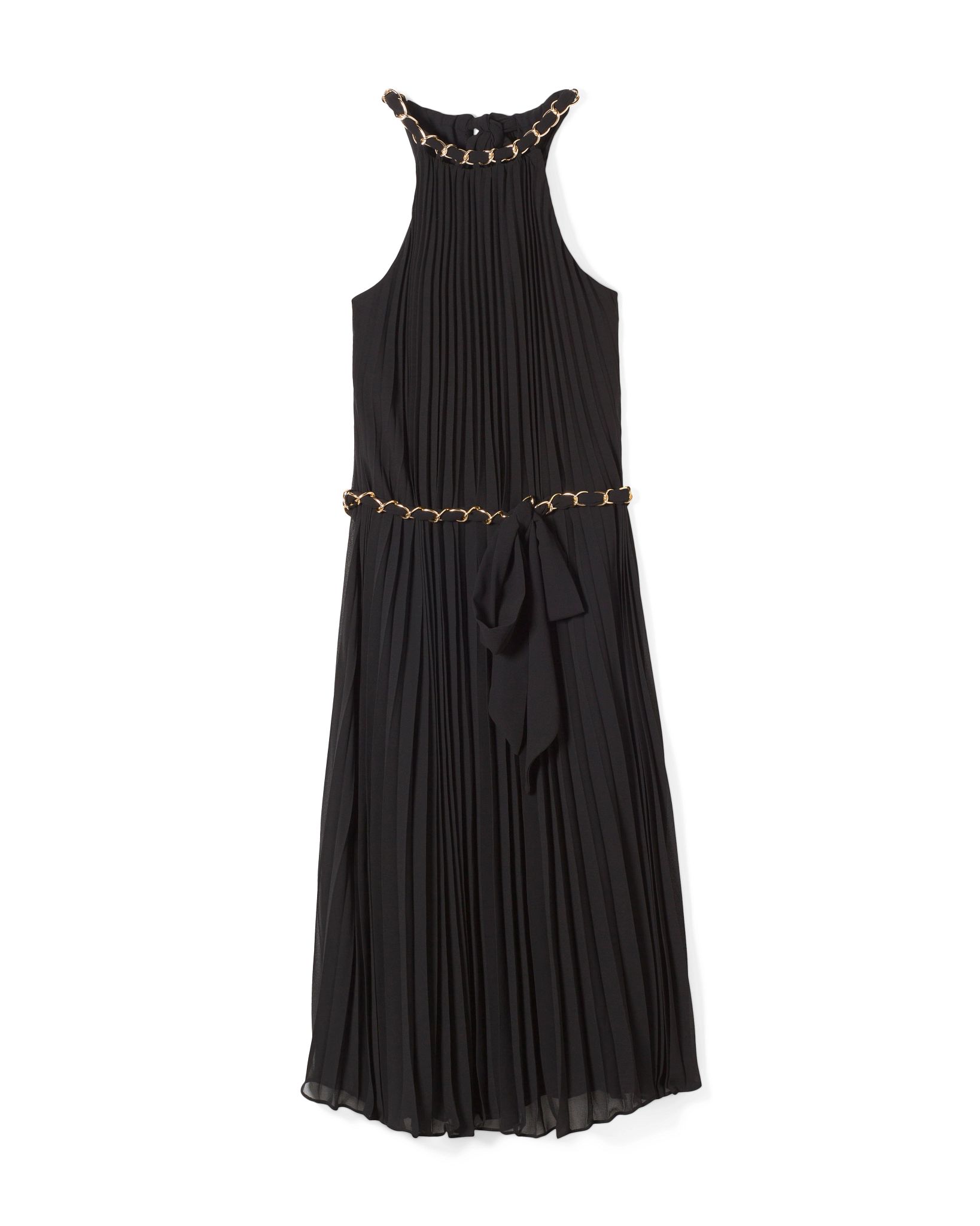 Sleeveless Pleated Halter Dress with Chain Detail