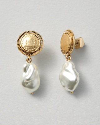 Goldtone Coin & Faux Pearl Drop Earrings click to view larger image.