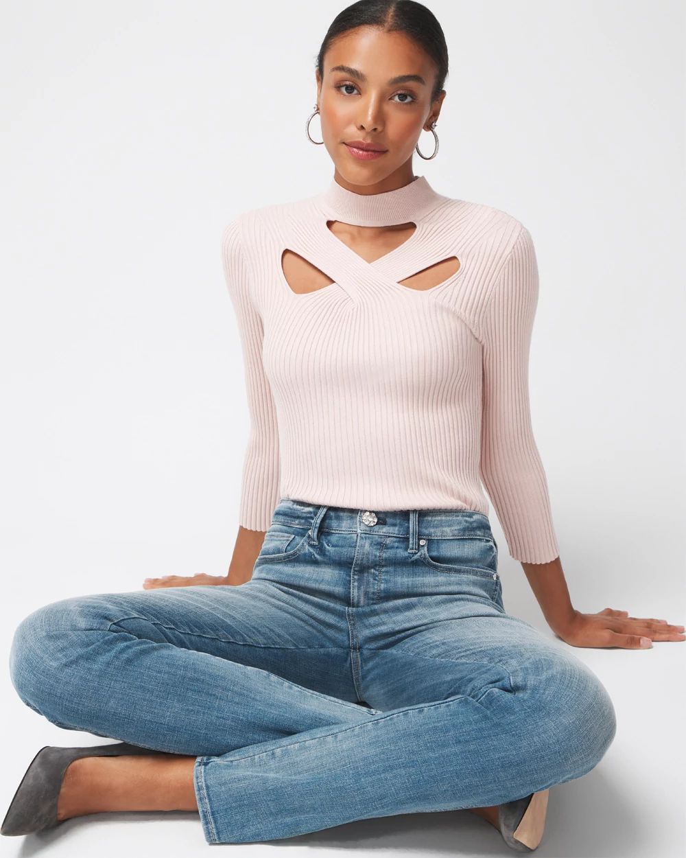 3/4 Sleeve Cutout Mockneck Pullover