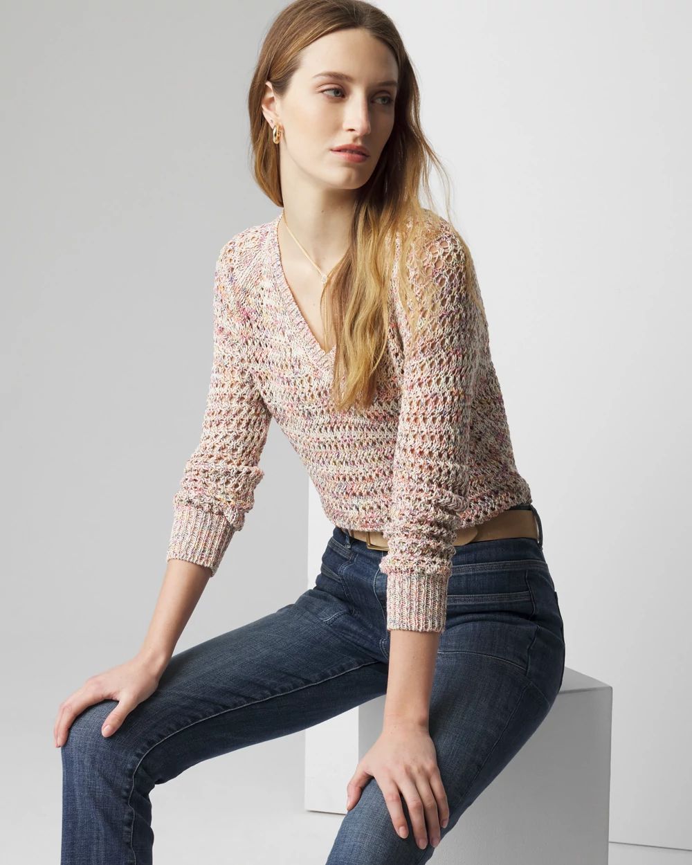 Multi-Colored Crochet V-Neck Sweater
