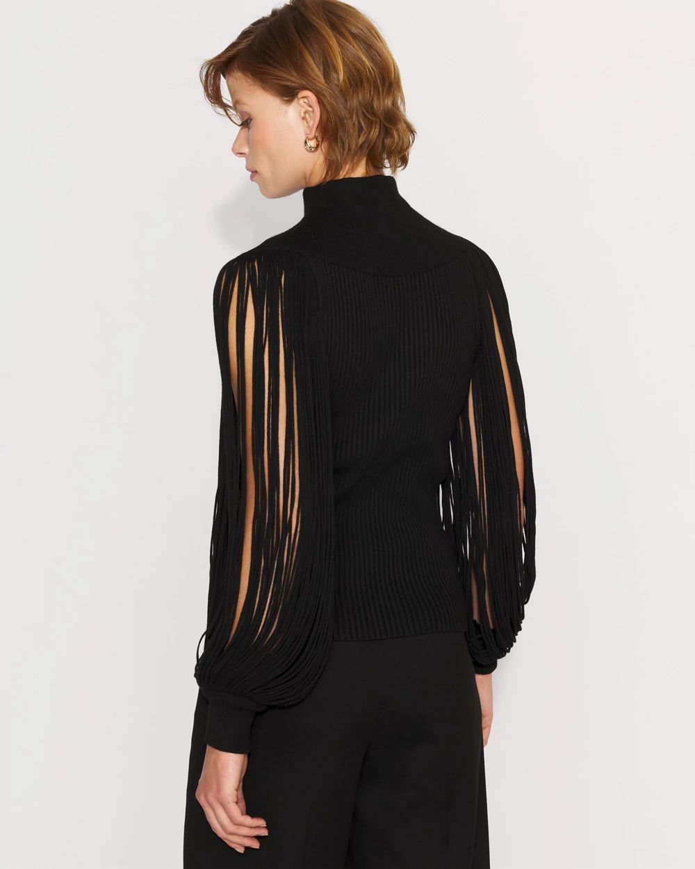 Fringe Sleeve Mockneck Pullover Sweater click to view larger image.