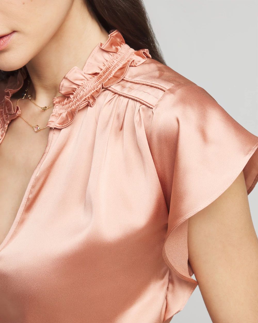 Petite Ruched Neck Flutter Shell Top