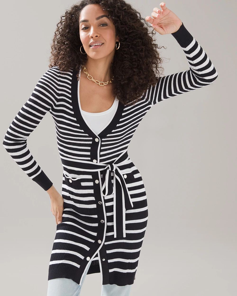 Black White Striped Cardigan