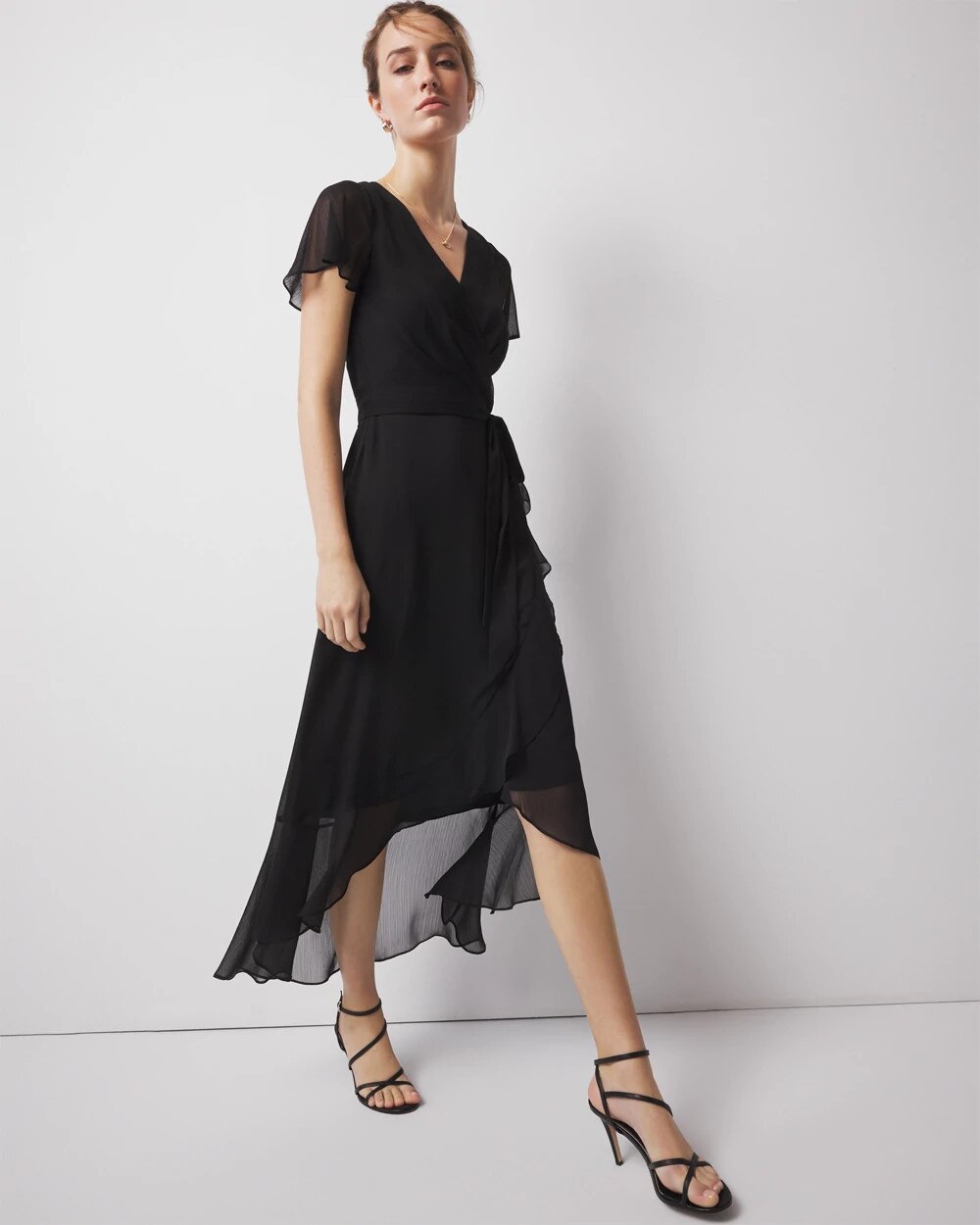 Short Sleeve Flutter Wrap Midi Dress