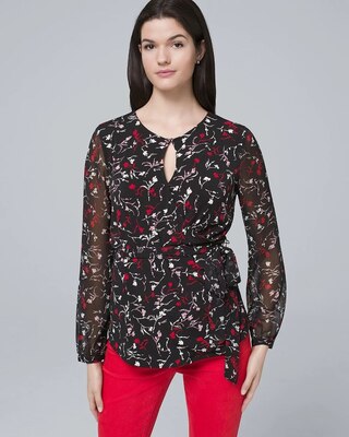 Woven-Sleeve Tie-Waist Floral Top