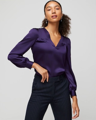 Long Sleeve Topstitch Satin Blouse