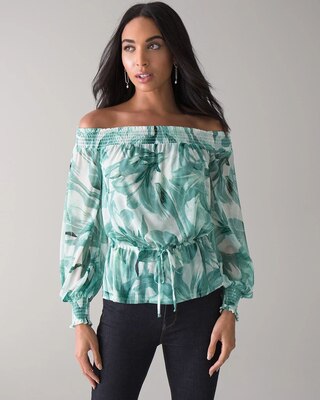 Floral-Print Off-The-Shoulder Mesh Top
