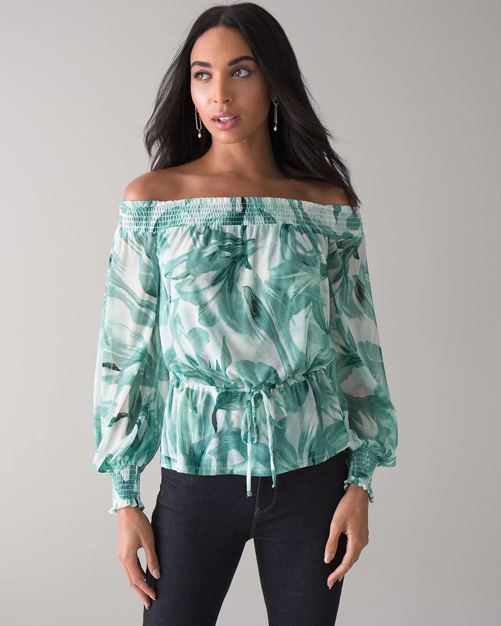 Floral-Print Off-The-Shoulder Mesh Top