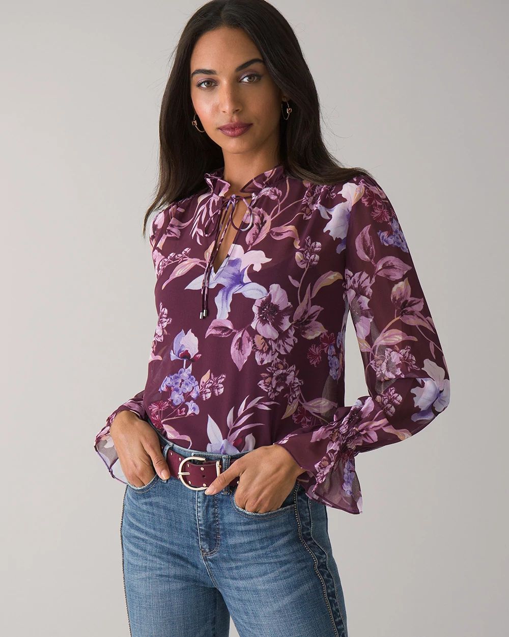 Long Sleeve Tie Neck Printed Blouse click to view larger image.