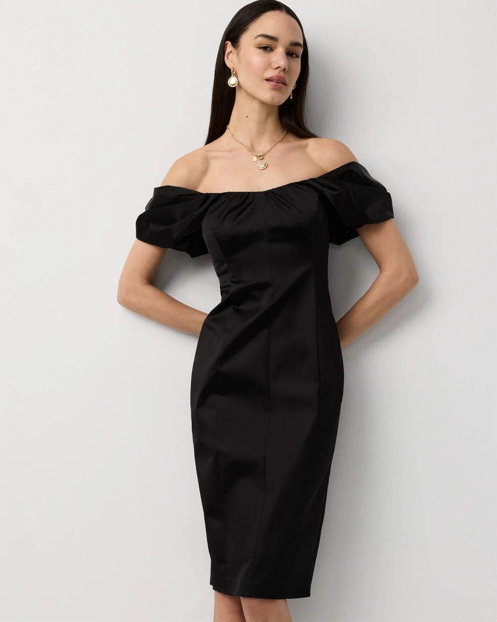 Off-The-Shoulder Satin Midi Dress click to view larger image.