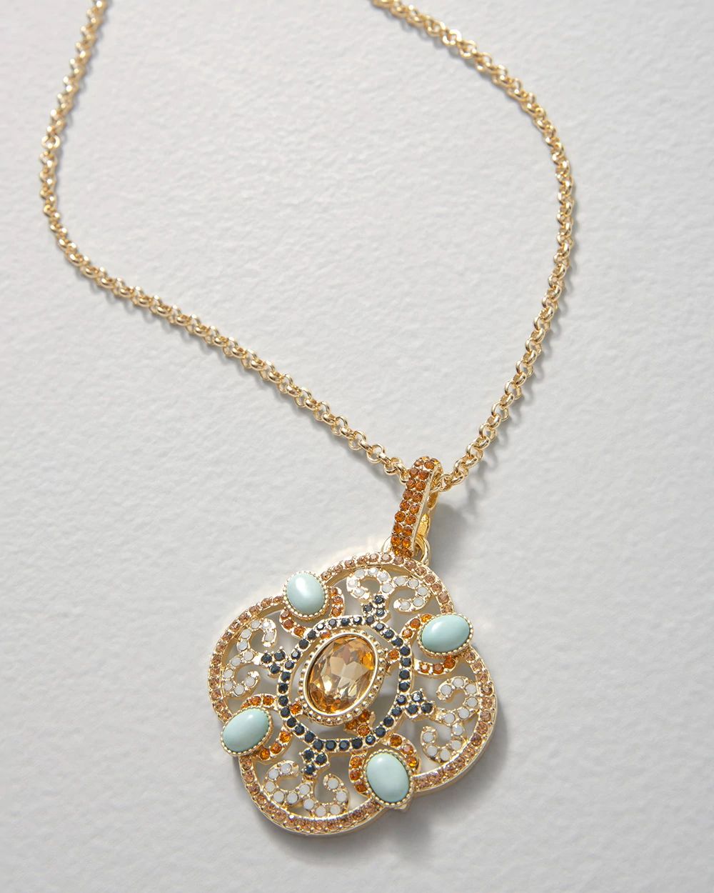 Goldtone + Blue Pendant Statement Necklace click to view larger image.