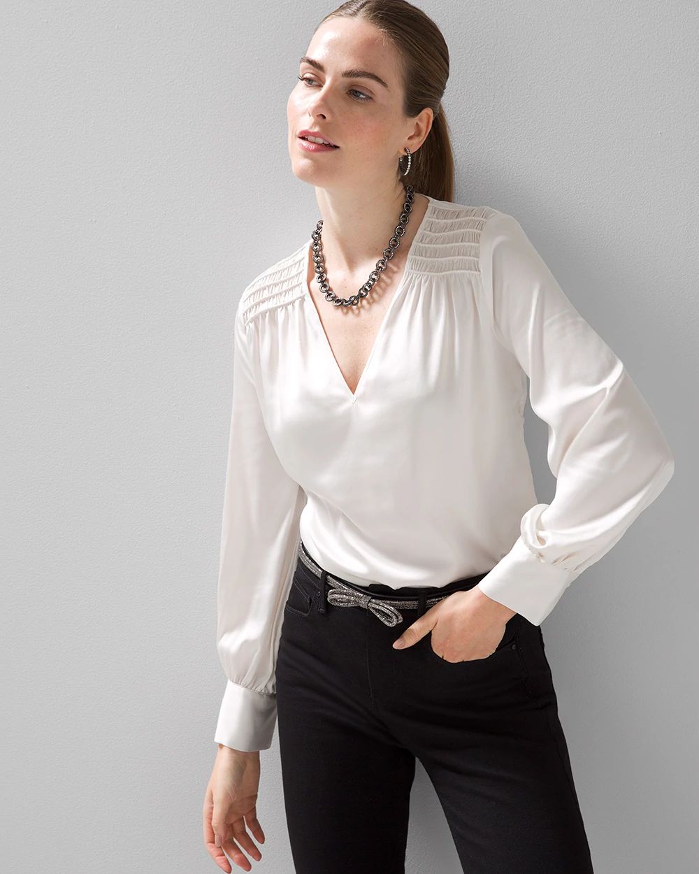 Smocked Shoulder Satin Blouse