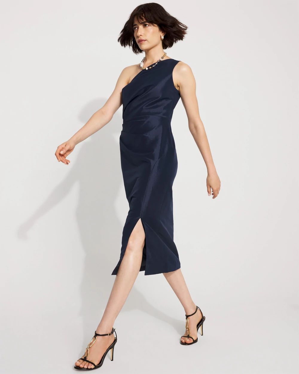 Petite One-Shoulder Stretch Taffeta Midi Dress click to view larger image.