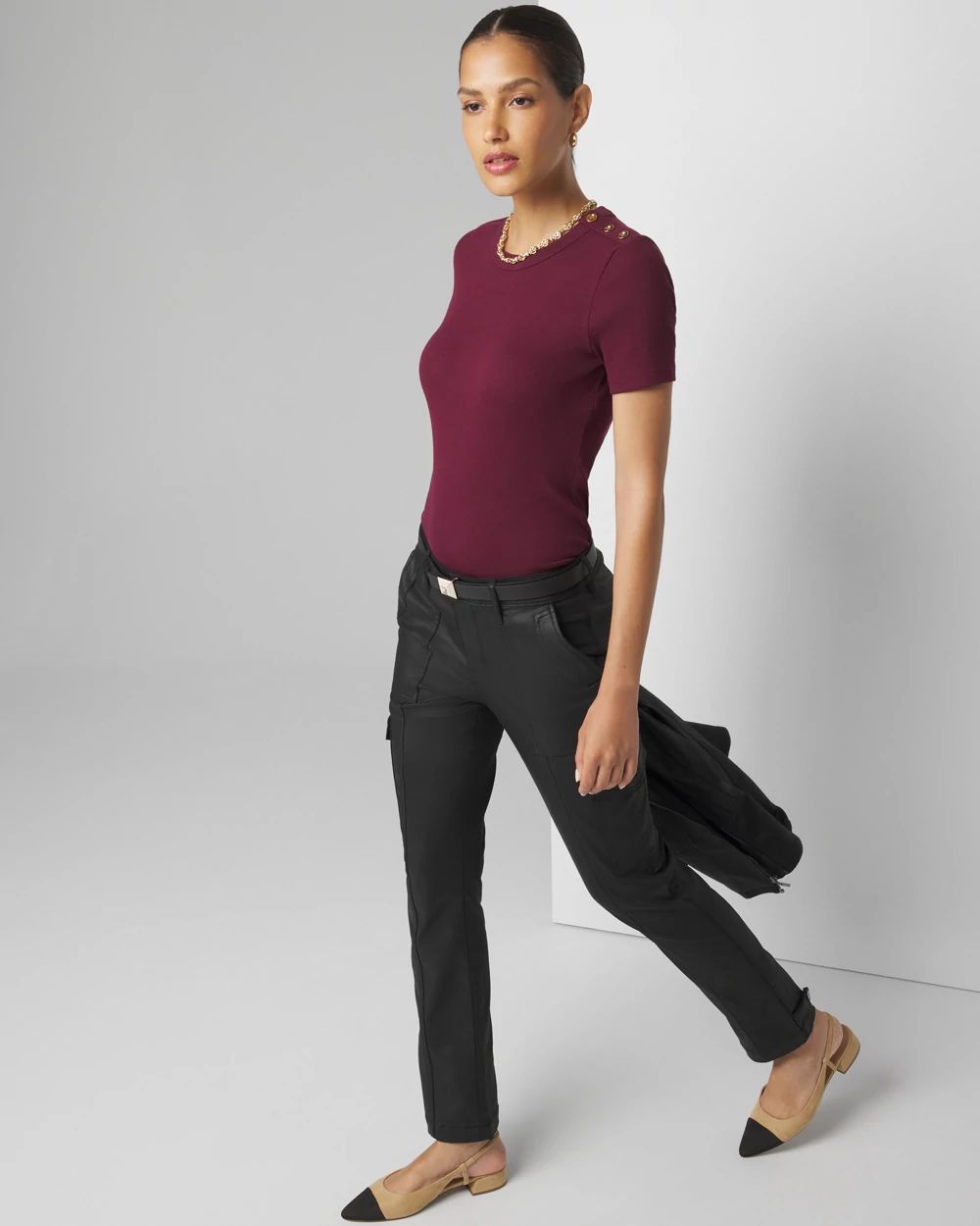 WHBM FORME™  Ribbed Stretch Button Shoulder Tee