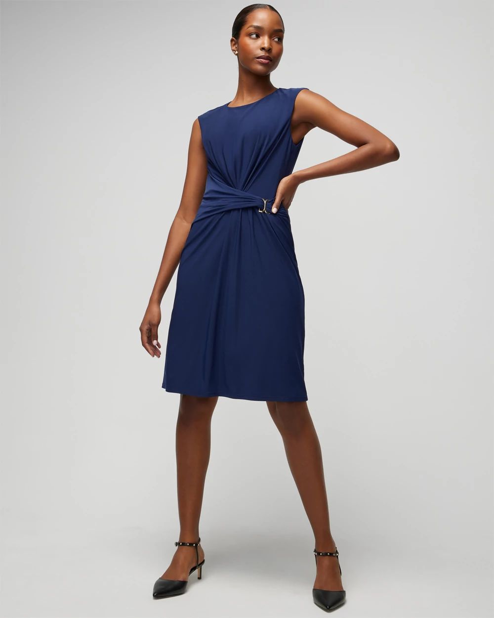 Sleeveless Draped Metal Detail Matte Jersey Dress