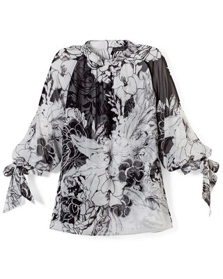 Black + White Floral Print Tie-Sleeve Blouse