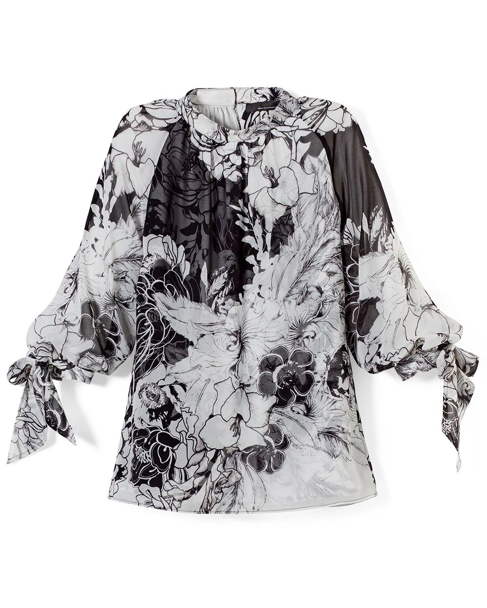 Black + White Floral Print Tie-Sleeve Blouse