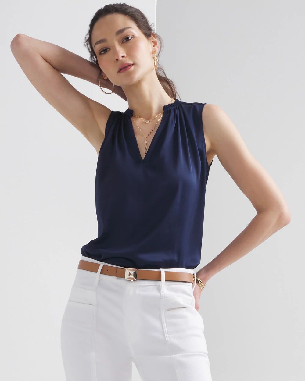 Sleeveless Ruched V-Neck Shell Top