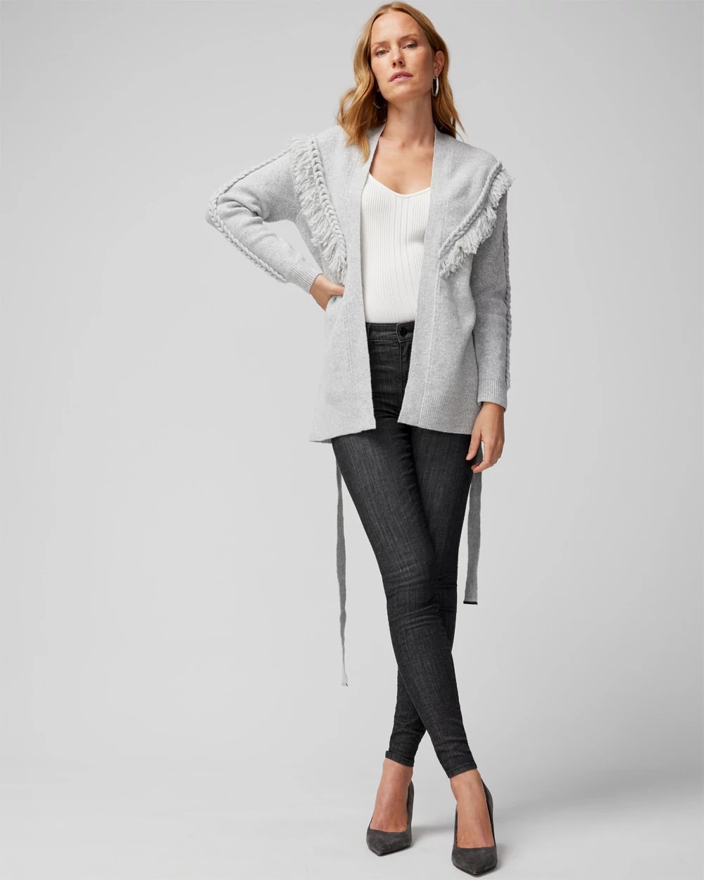Petite Fringe Belted Cardigan