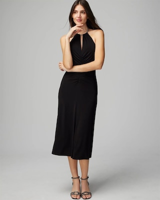Petite Crystal Halter Ruched Matte Jersey Dress