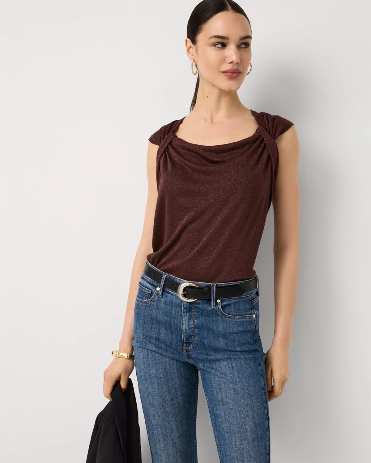 Women's Petite Metallic Knit Tank Top in Deep Mahogany size Medium | White House Black Market