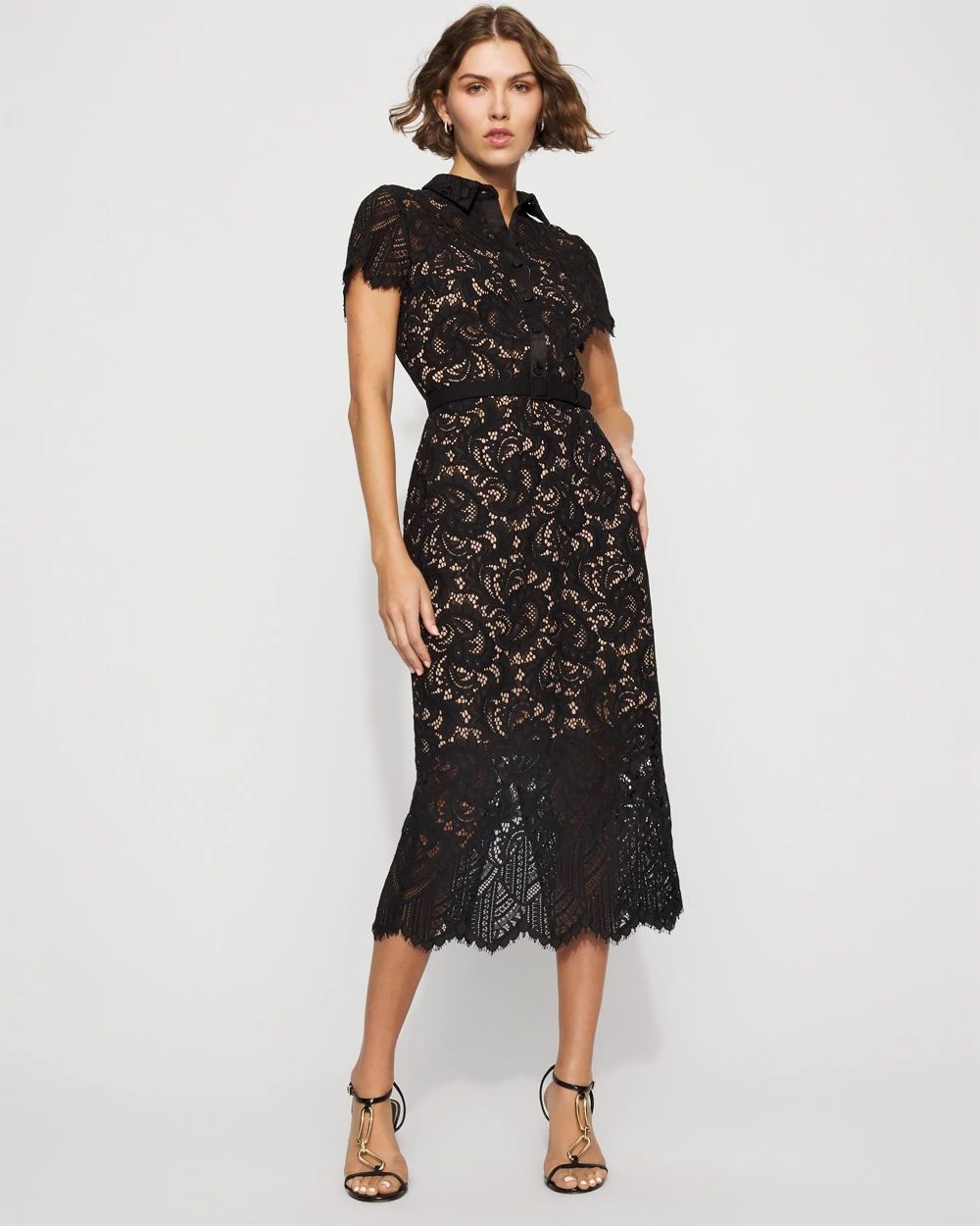 Button-Front Lace Midi Dress