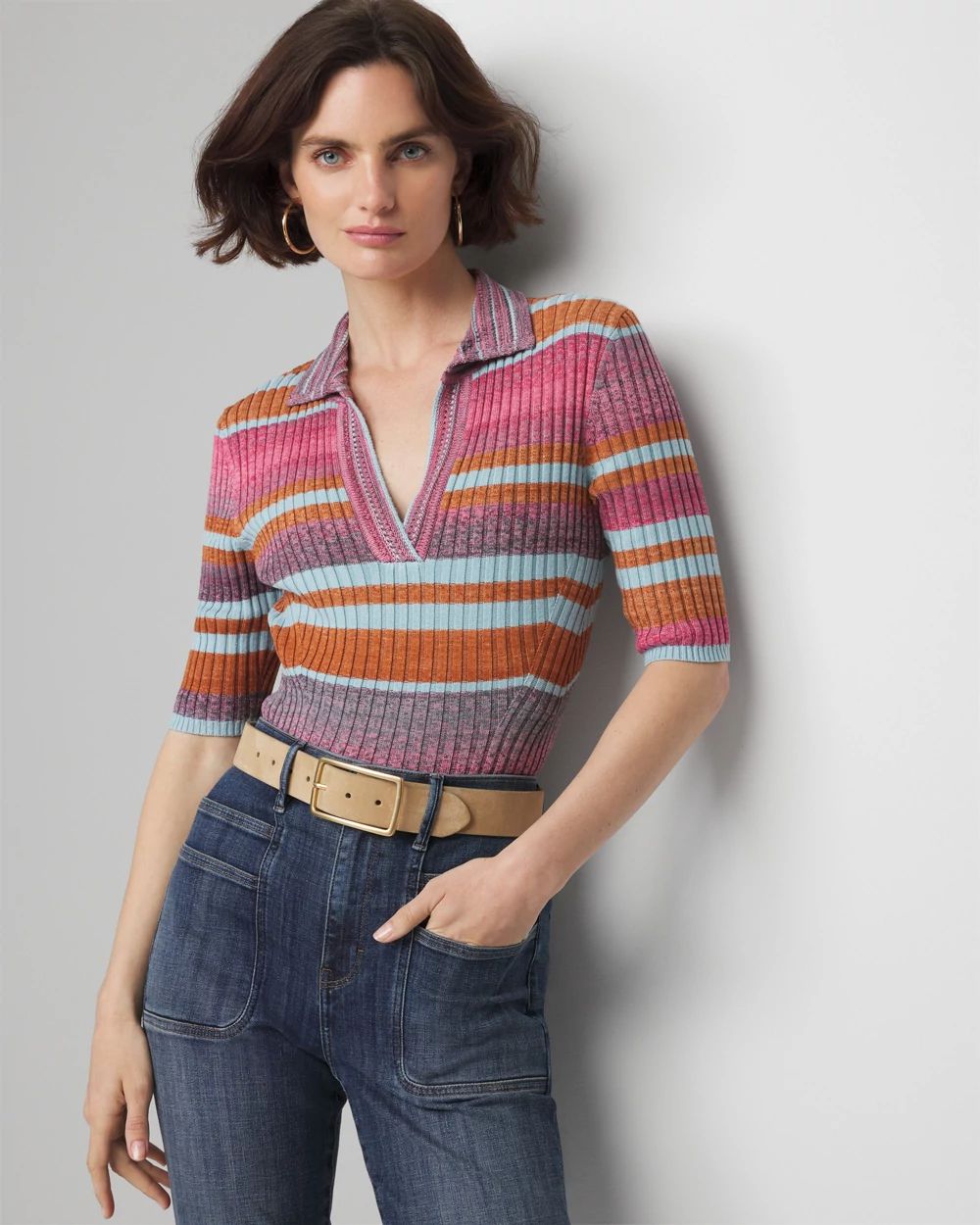 Elbow-Sleeve Space-Dye Henley Top