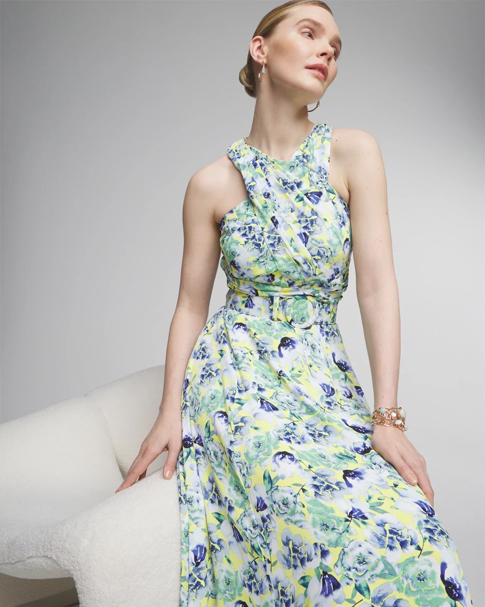 Petite Sleeveless Belted Halter Maxi Dress