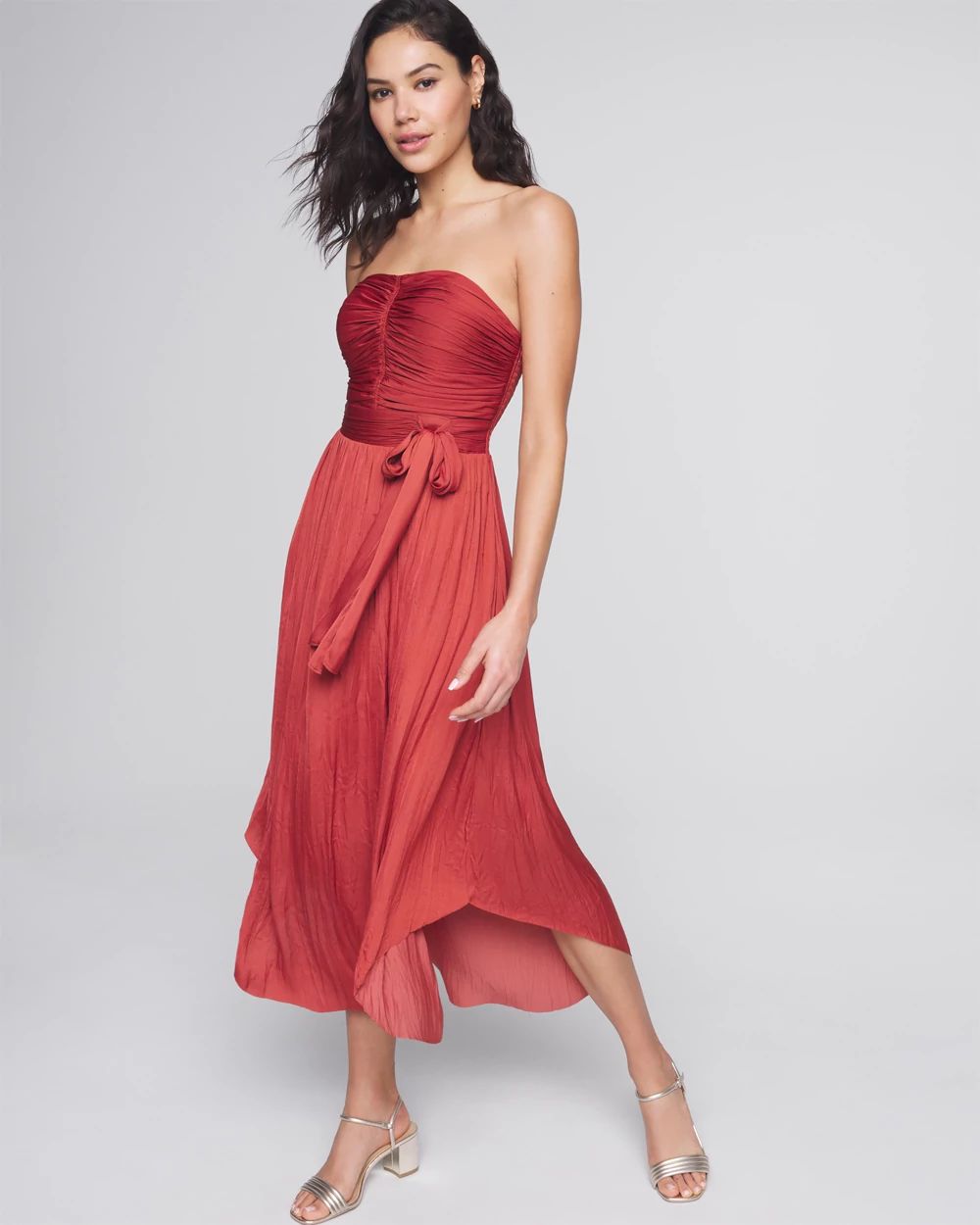 Strapless Pleated Tie-Waist Dress